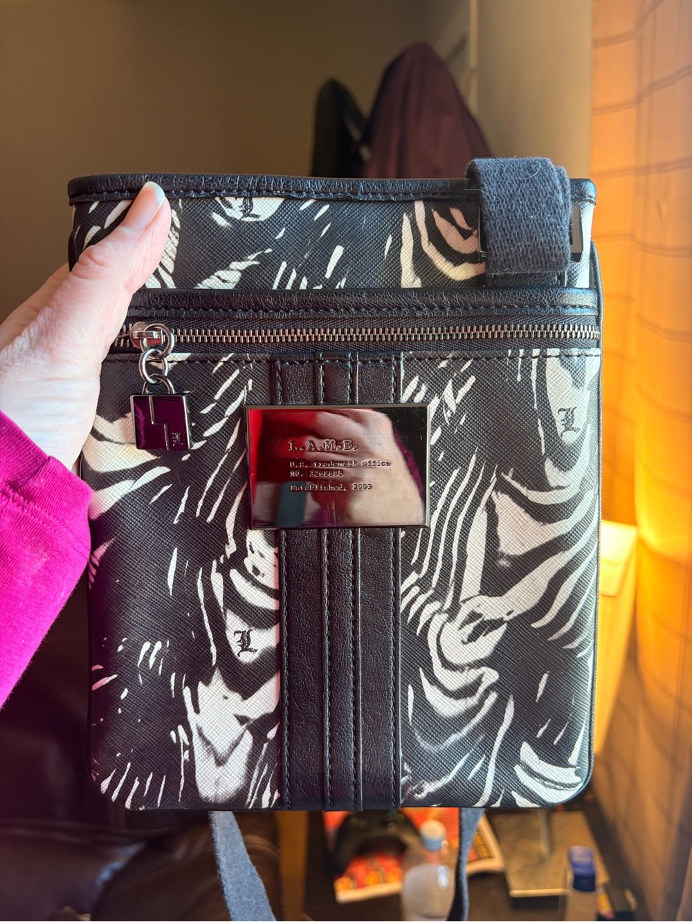 L.A.M.B. Black & Cream Abstract Print Crossbody Messenger Bag, Gwen Stefani Y2K